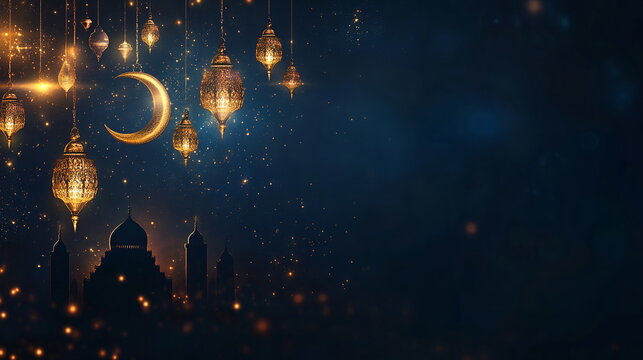 Vibrant Ramadan background with a dark sapphire blue base, featuring golden crescent moons, hanging lanterns, and delicate mosque silhouette patterns. Horizontal banner, copy space, greeting card