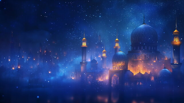 Vivid Ramadan abstract background with a royal blue gradient, showcasing mosque domes, golden stars, and delicate lanterns glowing with soft light. Horizontal banner, copy space, greeting card
