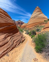 Wall Mural - a winding trail leads through colorful sandstone formations under a bright blue sky, showcasing the 