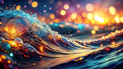 Poster - Vibrant Watercolor Wave Abstract: Fluid Art, Bubbles, Bokeh Light