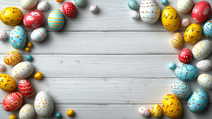 Wall Mural - Colored Easter eggs on a white wooden background.