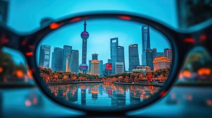 Poster - Shanghai skyline viewed through eyeglasses at dusk.