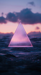 Wall Mural - floating triangular prism in serene ocean at sunset, radiating light