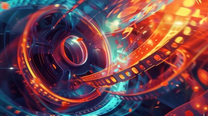 Poster - An abstract illustration of a film reel unraveling, transforming into a flow of glowing stories