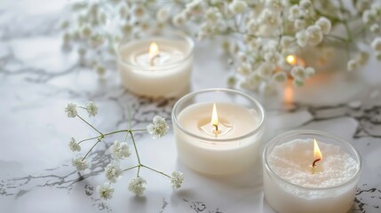 Wall Mural - Candles and small white flowers arranged on a marble surface, creating a calm and soothing ambiance.