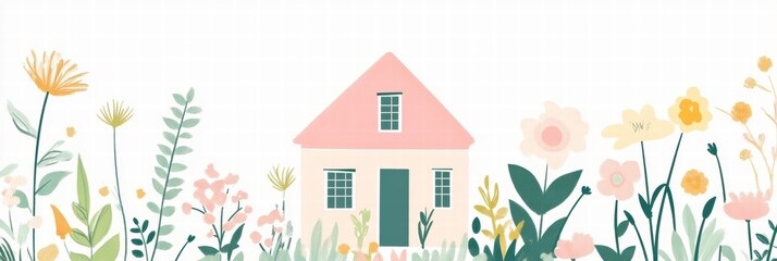 Poster - Cozy silhouette of a house surrounded by a vibrant garden full of flowers on a bright sunny day. Generative AI