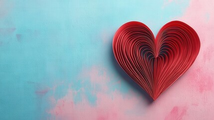 Poster - Red heart shaped paper sculpture on a blue background with intricate details and shadows valentine day