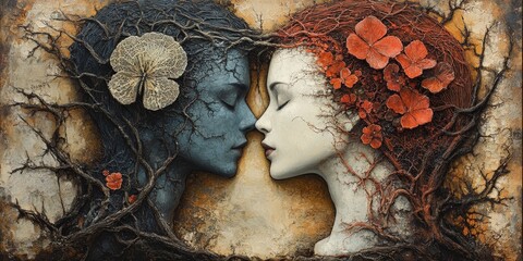 Poster - Couple of clay figurines with a butterfly perched on their heads in a creative art display valentine day