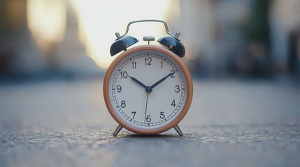 A vintage alarm clock placed on a street, symbolizing time and urgency.