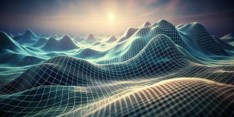 Poster - Vintage Futuristic 3D Wireframe Landscape: Abstract Mesh Waves on White Background