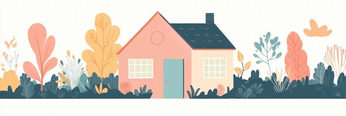 Poster - Cozy silhouette of a simple house surrounded by a colorful garden creating a warm atmosphere for relaxation. Generative AI