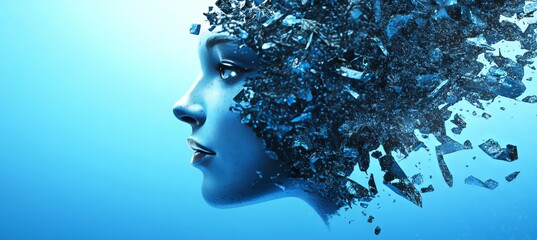 Poster - Abstract Woman Profile with Shattered Particles, Futuristic Design on Blue Background.