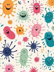 Aufkleber - Colorful smiling cartoon microbes celebrating in a lively design with diverse shapes and cheerful expressions. Generative AI