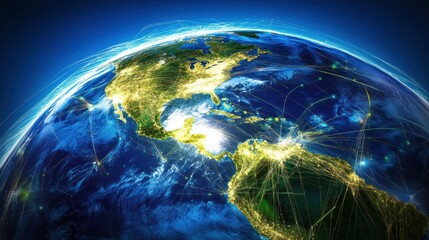 Poster - A digital globe with glowing lines and dots, representing global connectivity and data flow. The Americas are prominent in the foreground.