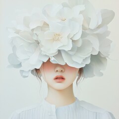 Poster - Ethereal Beauty Portrait with White Floral Headpiece Against Soft Pastel Background
