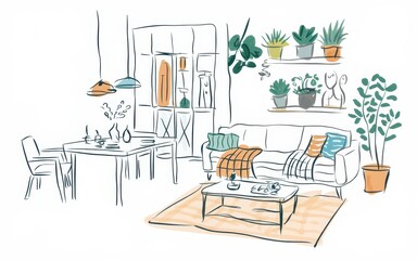 Canvas Print - Stylish Living Room Sketch Featuring Plants and Furniture