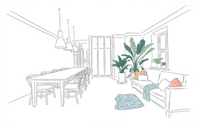 Canvas Print - Modern Living Room Sketch Showing Dining Area and Sofa