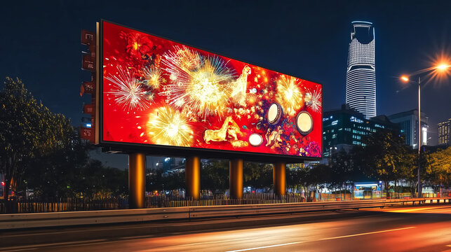 A billboard showcasing a festive Chinese New Year design with bo