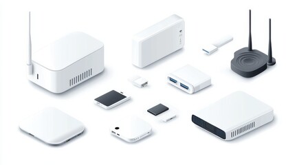 Poster - Remote connected devices. Wireless Internet router, modem, data storage device. USB connection, Wi-Fi connection, distance device connection metaphors. Vector isolated concept metaphor illustrations.