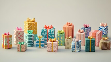 A cheerful collection of gift boxes in colorful wrapping, tied with bows and ribbons, perfectly arranged on a white surface.