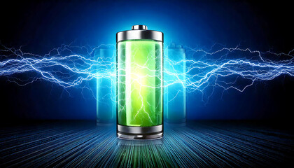 Poster - Dramatic image of a glowing green battery amidst blue electrical energy.  Perfect for illustrating concepts of power, energy, charging, technology, and innovation.