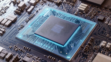 Poster - Closeup view of a central processing unit (CPU) glowing with a vibrant blue light, installed on a sophisticated circuit board.  Ideal for technology, AI, computing, and digital innovation concepts.