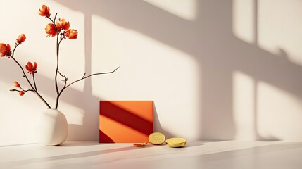 Poster - A clean and modern Chinese New Year scene with a red envelope and gold coin placed on a minimalist white table, surrounded by soft lighting.