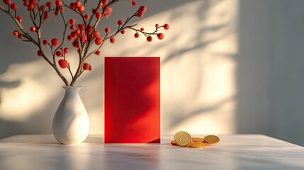 Poster - A clean and modern Chinese New Year scene with a red envelope and gold coin placed on a minimalist white table, surrounded by soft lighting.