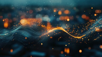 Poster - Creative digital wave on blurry night city background. Technology and science concept. Double exposure