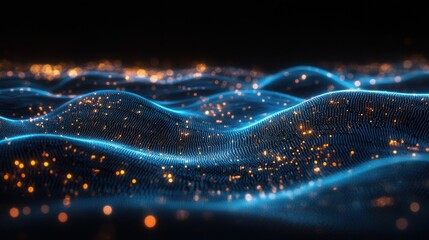 Poster - Abstract blue circuit board background with glowing dots and bokeh lights on dark black background, ideal for digital technology concept designs and modern electronic themes, highlighting connectivit