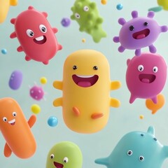 Poster - Cartoon microbes with cheerful smiles float playfully in a vibrant, colorful environment. Generative AI