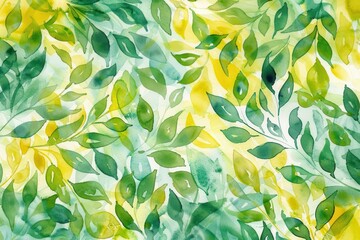 A vibrant watercolor pattern of green and yellow leaves, evoking a fresh and natural ambiance.