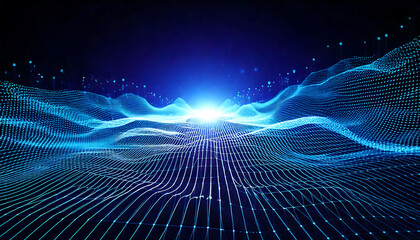 Poster - abstract digital landscape. glowing blue nodes and lines form a dynamic, wavy grid, perfect for tech