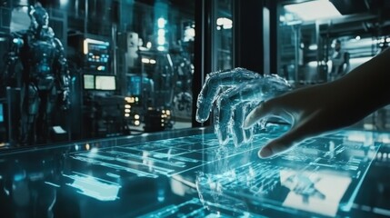 Poster - Engineers working at new AI prototype inside robotic factory - Future, job and technology concept - Mani focus on girl hand