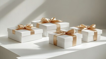 A collection of elegant white gift boxes with real gold ribbons, isolated on a clean white backdrop, ideal for luxury gift packaging concepts.