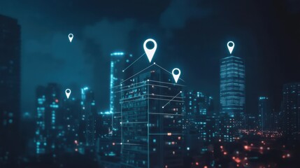 Poster - International geolocation concept with digital world map and white pinpoints connected by lines on night city skyscrapers background. Double exposure