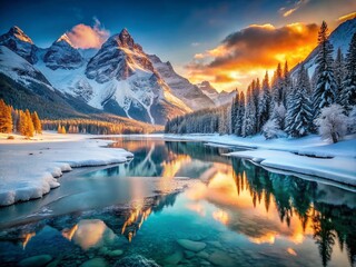 Wall Mural - Majestic Winter Landscape: Snow-Covered Mountains and Frozen Lake at Sunrise