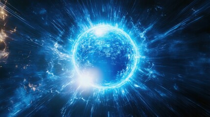 Poster - A glowing blue digital Earth encircled by radiating light streaks and technological elements, suggesting global connectivity and technological advancement.