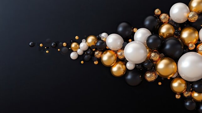 A creative composition of black, gold, and white balloons on a dark background, ideal for Black Friday promotions, holiday sales, or elegant events.