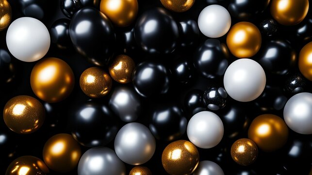A creative composition of black, gold, and white balloons on a dark background, ideal for Black Friday promotions, holiday sales, or elegant events.