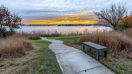 Wall Mural - serene pathway leading to foggy lake at sunrise with vibrant orange and yellow skies