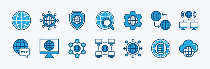 Set of global technology icon. Containing network, cyberspace, connection, web, cyber security, management, research, communication, cloud computing, globe, server data. Vector illustration