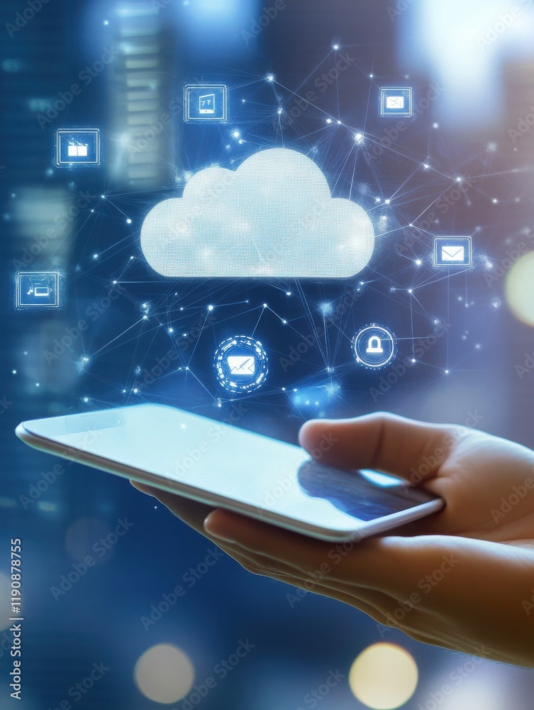 Cloud technology in smart city concept with human hand carries digital ...