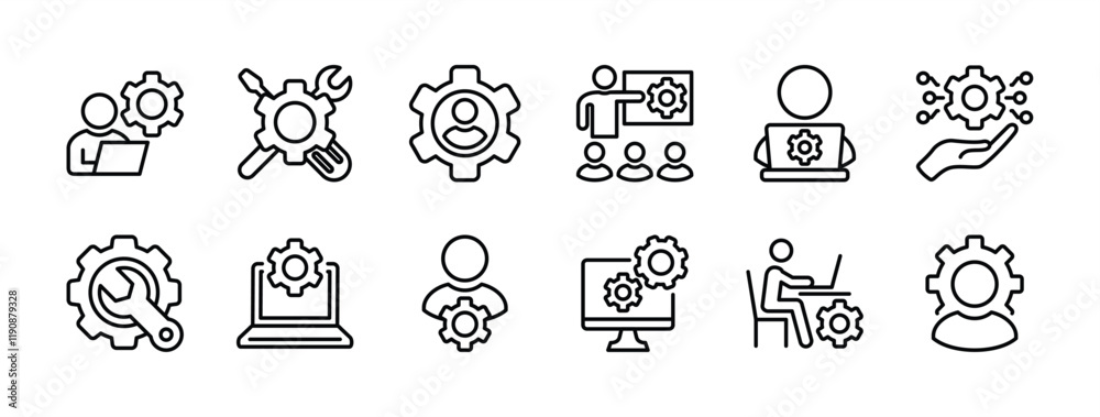Information technology manager thin line icon set. Containing ...