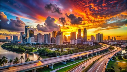 Poster - Miami Skyline & Highways: Panoramic Cityscape at Sunset with Copy Space