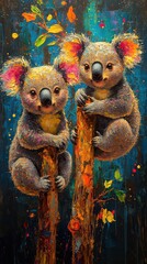 Wall Mural - Two adorable koalas clinging to tree trunks, vibrant colors.