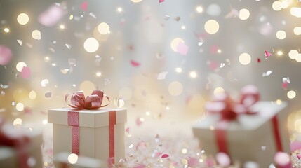 Fototapete - A festive holiday background with elegant gift boxes, scattered confetti, and soft bokeh lights, perfect for a joyful Christmas celebration