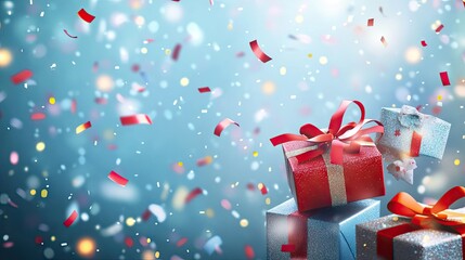 Fototapete - A festive holiday background with elegant gift boxes, scattered confetti, and soft bokeh lights, perfect for a joyful Christmas celebration