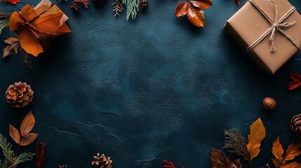 Poster - Autumn frame composition with gifts, leaves and pine cones on dark background with copy space