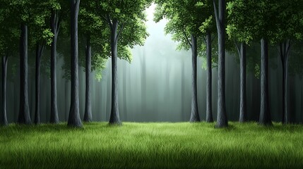 Wall Mural - A serene forest scene with tall trees, lush green grass, and soft light filtering through the leaves, creating a peaceful atmosphere.